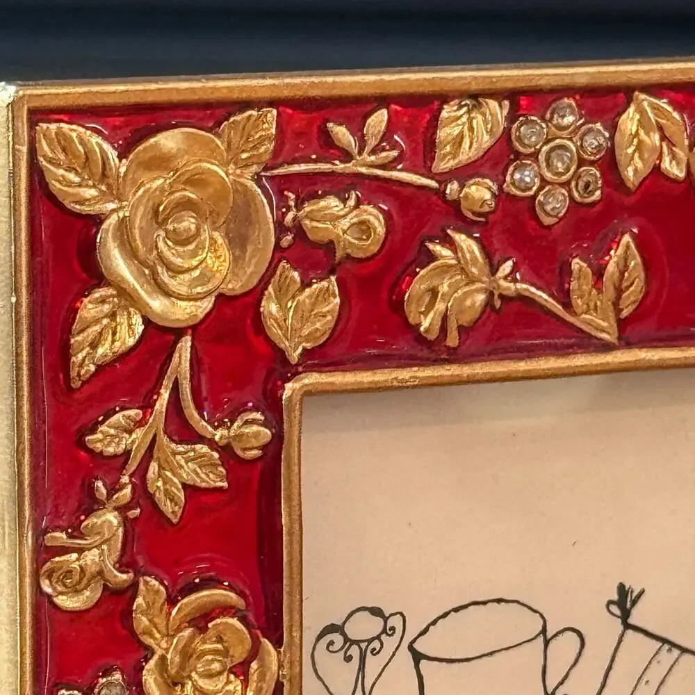 Vintage Bombay Co Red Enamel Gold Rose Triptych Hinged Triple 2x3 Photo Frame